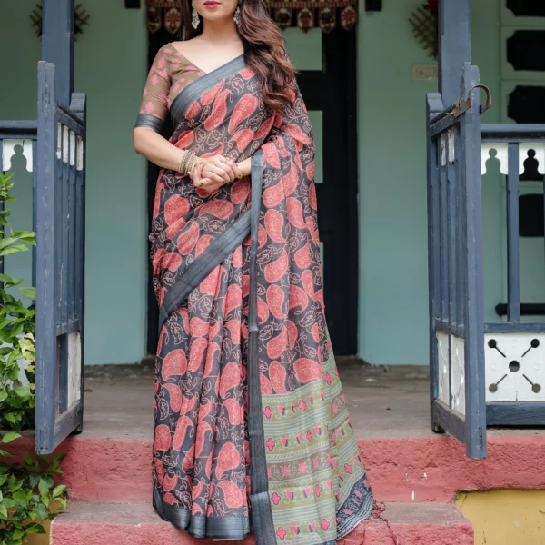 Charcoal & Coral Crimson Paisley Print Linen Cotton Saree