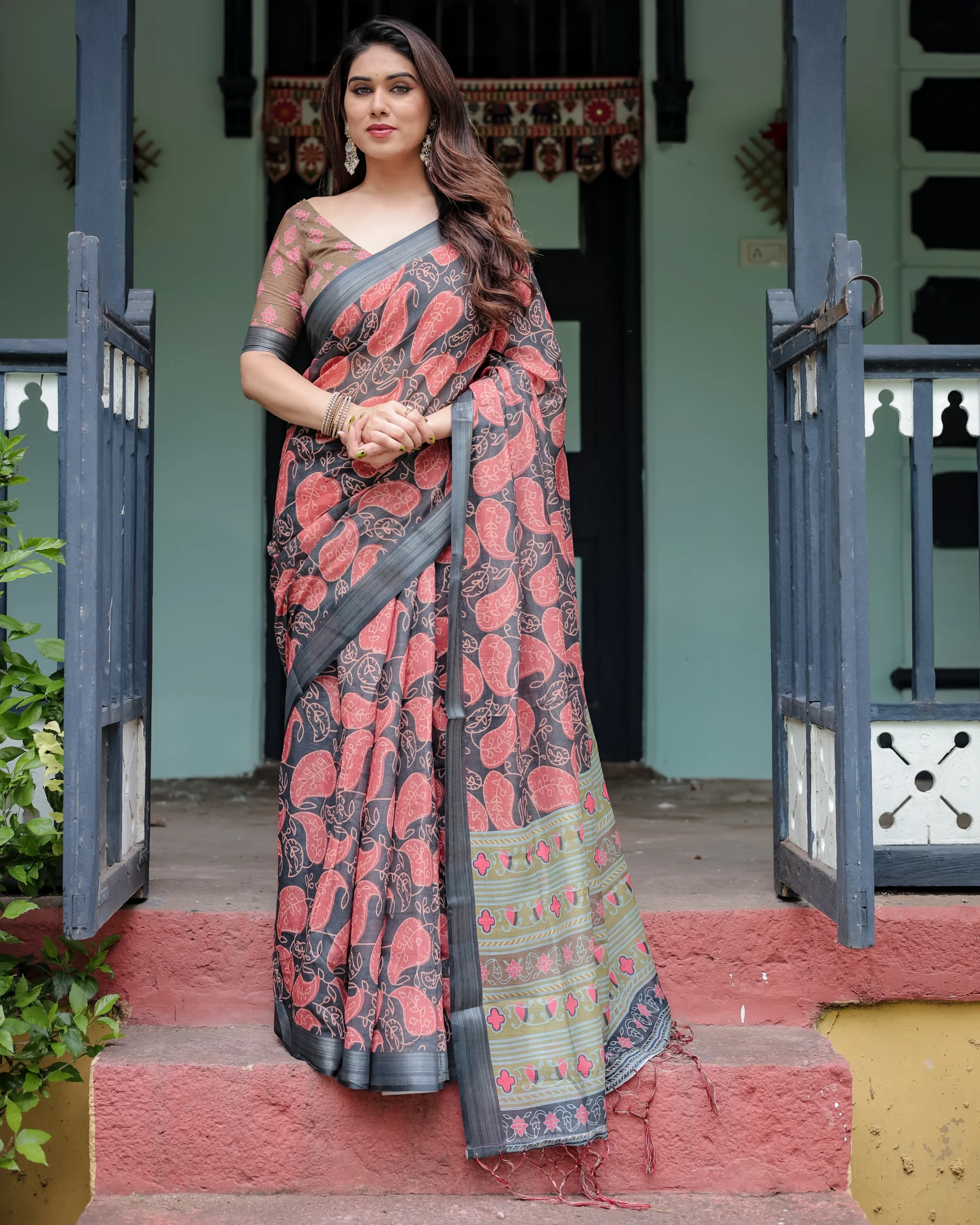 5R1A9744 Charcoal & Coral Crimson Paisley Print Linen Cotton Saree - Image 1