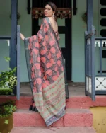 Charcoal & Coral Crimson Paisley Print Linen Cotton Saree - Image 5