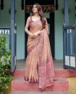 Muted Peach Digital Kalamkari Printed Linen Cotton Saree