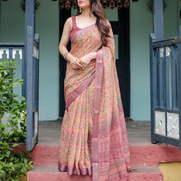 Muted Peach Digital Kalamkari Printed Linen Cotton Saree