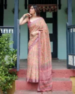 Muted Peach Digital Kalamkari Printed Linen Cotton Saree - Image 2