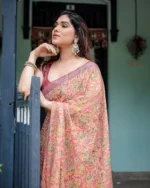 Muted Peach Digital Kalamkari Printed Linen Cotton Saree - Image 3