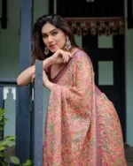Muted Peach Digital Kalamkari Printed Linen Cotton Saree - Image 4