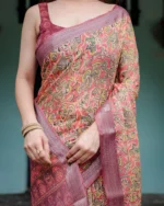 Muted Peach Digital Kalamkari Printed Linen Cotton Saree - Image 5