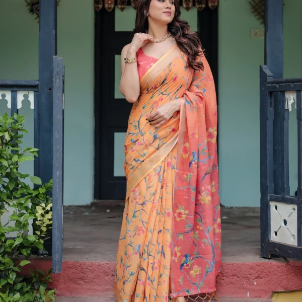 Summer Peach Linen Cotton  Saree with Ombre Coral Pallu