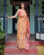 Summer Peach Linen Cotton  Saree with Ombre Coral Pallu - Image 3