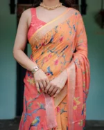 Summer Peach Linen Cotton  Saree with Ombre Coral Pallu - Image 5
