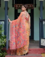 Summer Peach Linen Cotton  Saree with Ombre Coral Pallu - Image 6