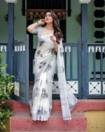 Ivory Off-White Linen Cotton Saree with Festive Geometric Pallu