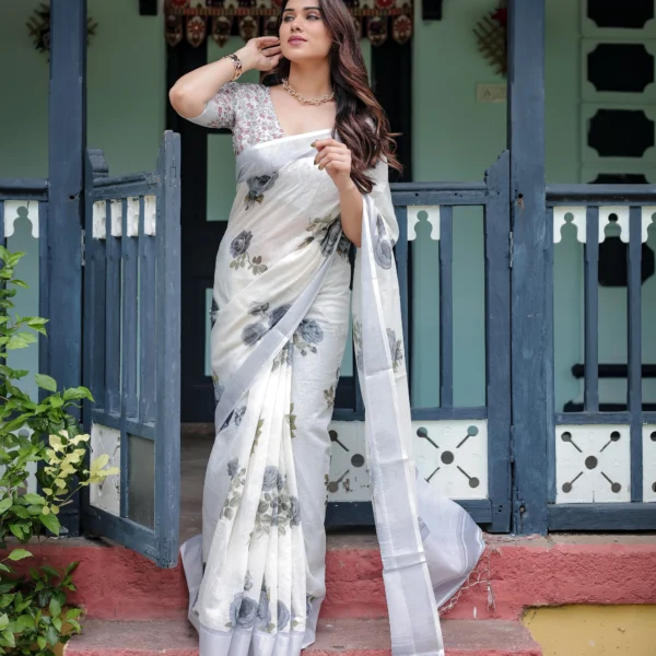 Ivory Off-White Linen Cotton Saree with Festive Geometric Pallu