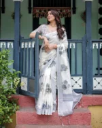 Ivory Off-White Linen Cotton Saree with Festive Geometric Pallu - Image 2