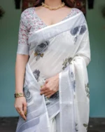 Ivory Off-White Linen Cotton Saree with Festive Geometric Pallu - Image 4