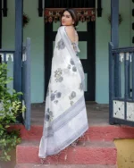 Ivory Off-White Linen Cotton Saree with Festive Geometric Pallu - Image 5