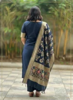 Women's Navy Blue Jacquard Woven Kurta Pant with Designer Jacquard Dupatta Set - Image 5