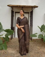 Midnight Onyx – Traditional Bandhani Style Digital Print Linen Cotton Saree