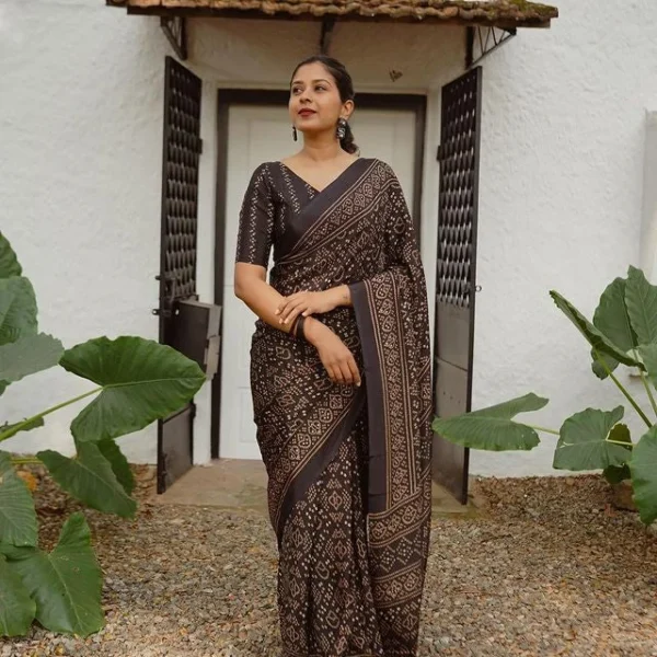 Midnight Onyx – Traditional Bandhani Style Digital Print Linen Cotton Saree