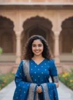 Women's Royal Blue Jacquard Woven Kurta Pant with Designer Jacquard Dupatta Set - Image 3
