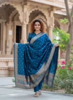 Women's Royal Blue Jacquard Woven Kurta Pant with Designer Jacquard Dupatta Set