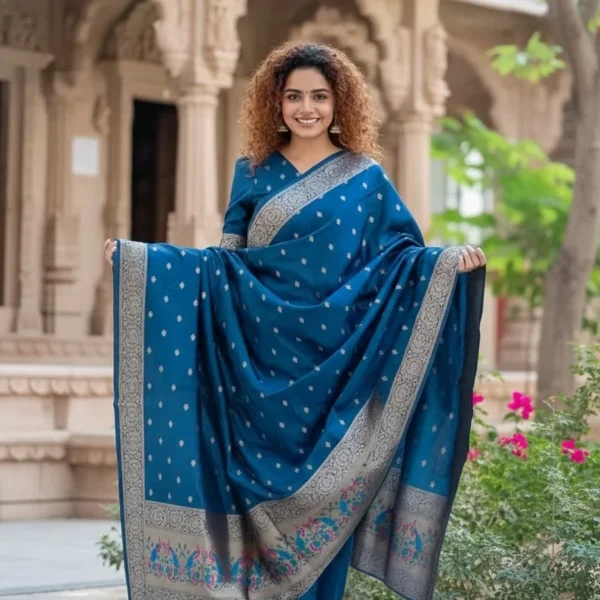 Women's Royal Blue Jacquard Woven Kurta Pant with Designer Jacquard Dupatta Set